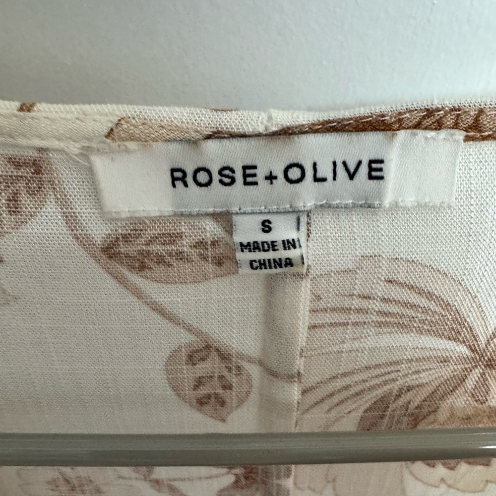 Rose & Olive Women's Floral Cream and Brown Cropped Top Linen size Small - Picture 3 of 3